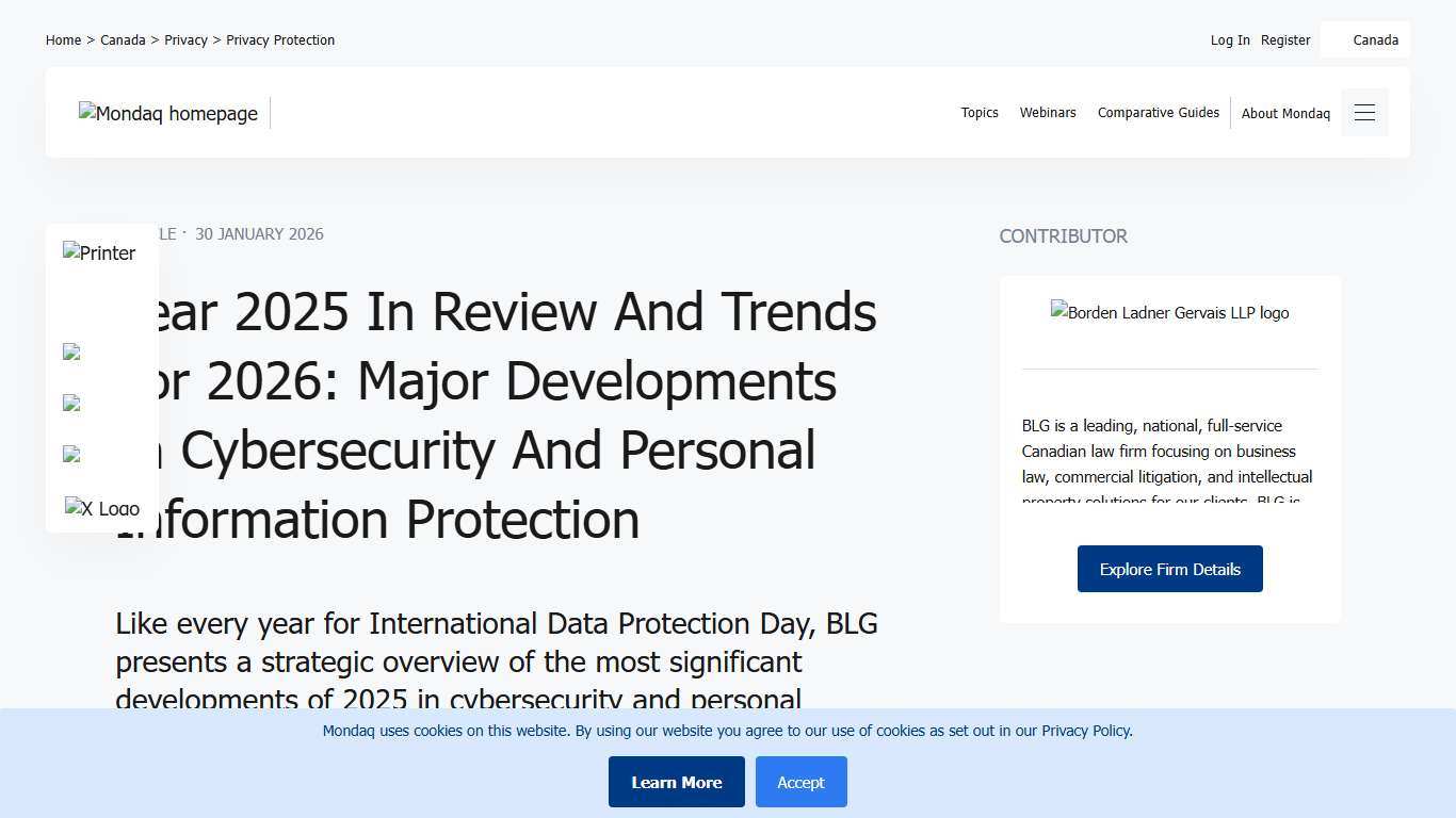 Year 2025 In Review And Trends For 2026: Major Developments In Cybersecurity And Personal Information Protection - Privacy Protection - Canada